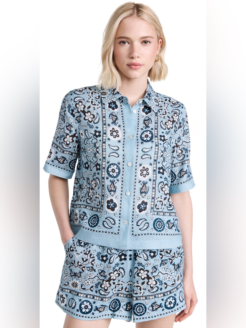 TORY BURCH Printed Linen Camp Shirt in Slate Blue Pisces Dream Size L